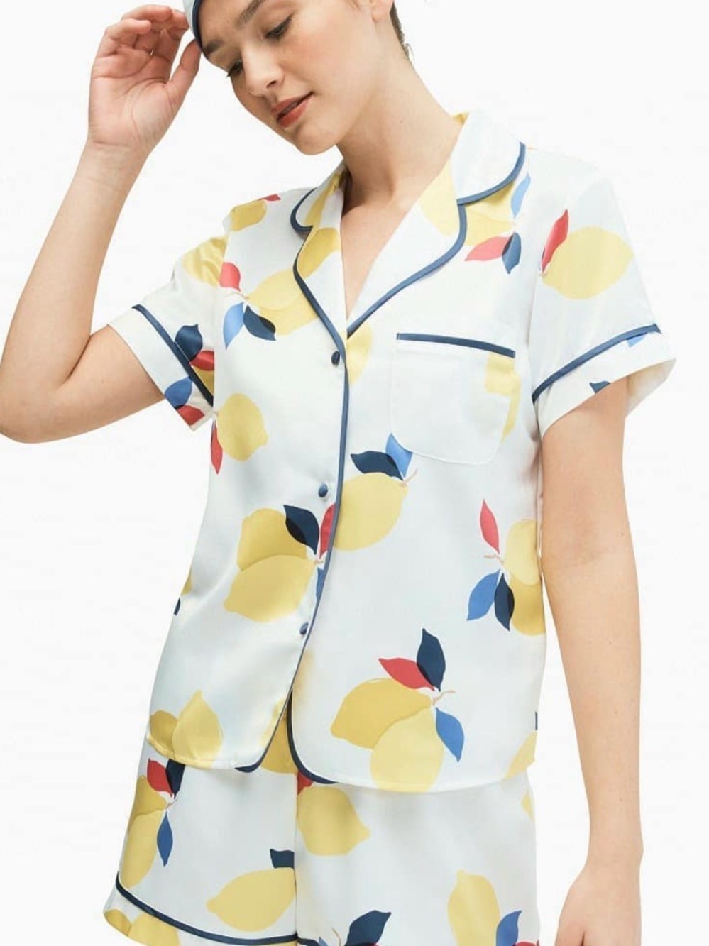 kate spade White Lemon Print Short Pajama Set with Navy Trim